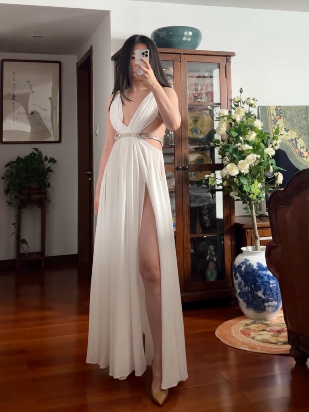 Bronx & Banco White Brielle Embellished Chain HighSlit Backless Gown XS NWOT